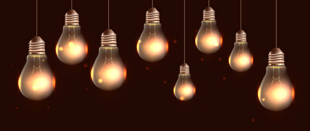 istock Illustration of hanging realistic light bulbs with light and sparkle. 851448788