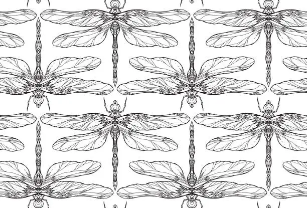 Vector illustration of Seamless black and white texture with dragonfly illustration with boho pattern.