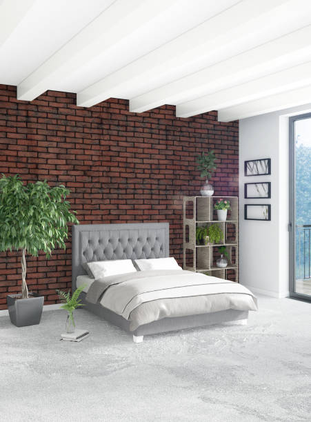 istock White bedroom minimal style Interior design with wood wall and grey sofa. 3D Rendering. 3D illustration 851462612