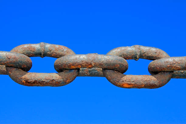 oxidation rusty chains under the blue sky, closeup of photo