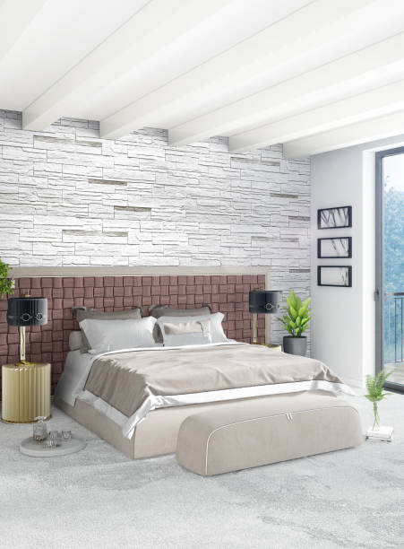 istock White bedroom minimal style Interior design with wood wall and grey sofa. 3D Rendering. 3D illustration 851463150