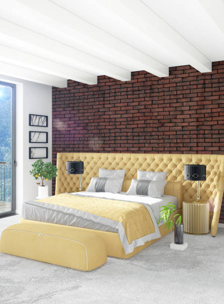 istock White bedroom minimal style Interior design with wood wall and grey sofa. 3D Rendering. 3D illustration 851463300