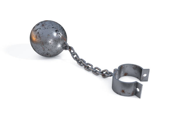istock 3d illustration: rust iron ball and chain with a open cuff hanging on white background. Restrictions and limits. Loss of freedom. Boundaries. 851464004