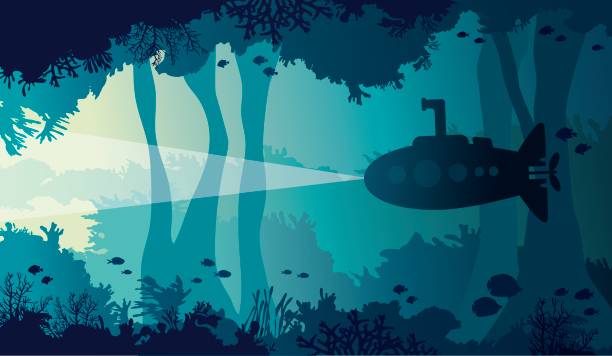ilustrações de stock, clip art, desenhos animados e ícones de underwater cave, sea, submarine, coral reef, fish. - submarino subaquático