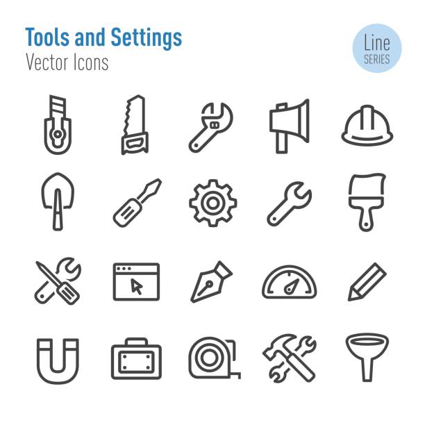 ilustraciones, imágenes clip art, dibujos animados e iconos de stock de herramientas y configuración iconos - vector línea serie - hard hat
