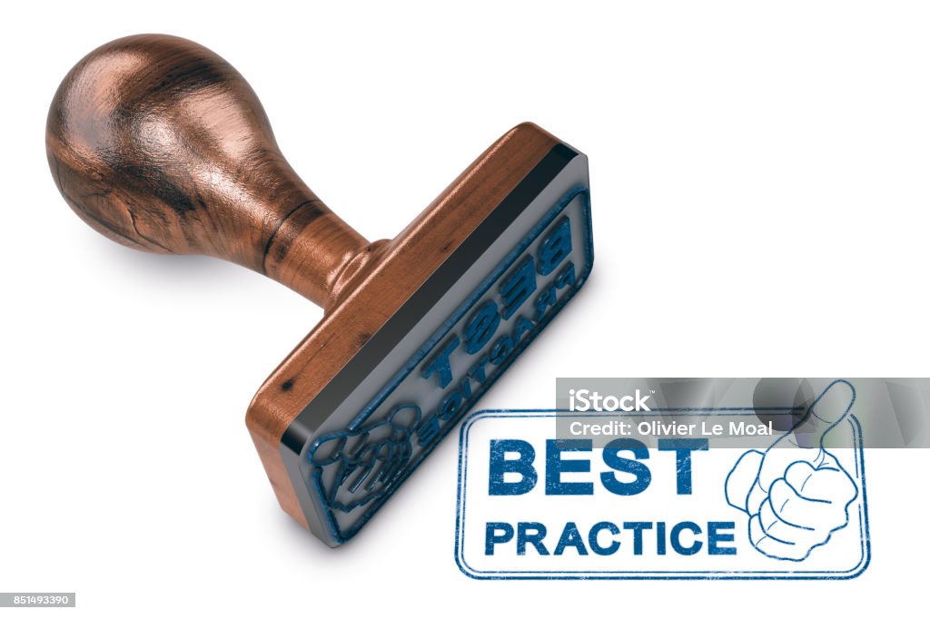 Best Practice Concept 3D illustration of a rubber stamp mark with thumb up and text best practice over white background Success Stock Photo