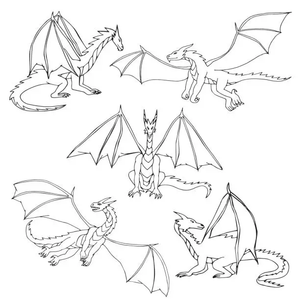 Vector illustration of Dragons doodle set
