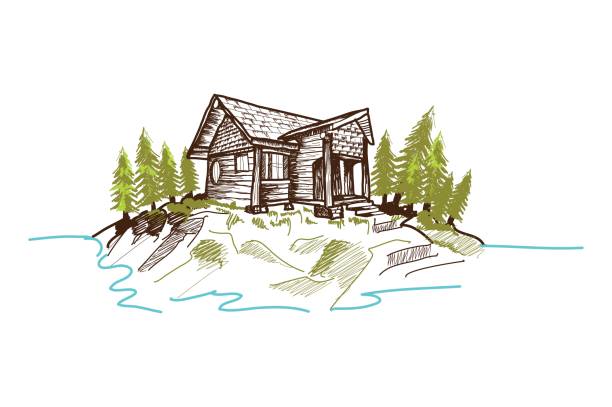 ilustraciones, imágenes clip art, dibujos animados e iconos de stock de cabaña de montaña dibujada a mano - ski resort hut snow winter