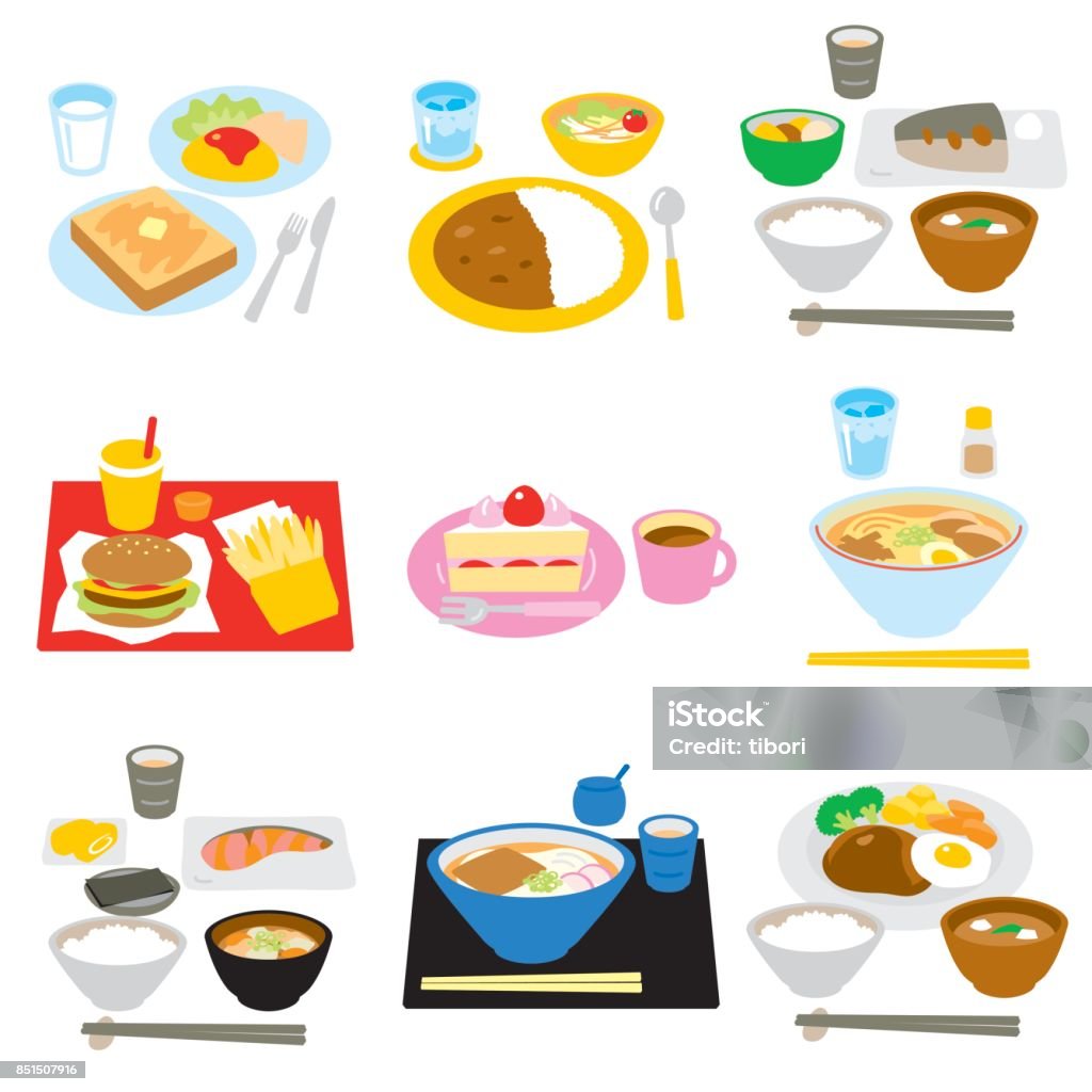 Typical meals in Japan Typical meals in Japan, breakfast and lunch, dinner, snacks, vector file Meal stock vector