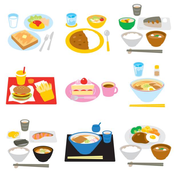 Typical meals in Japan Typical meals in Japan, breakfast and lunch, dinner, snacks, vector file omelette on the plate stock illustrations