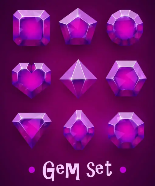 Vector illustration of Set of realistic pink gems of various shapes. Ruby collection. Elements for mobile games or decoration.