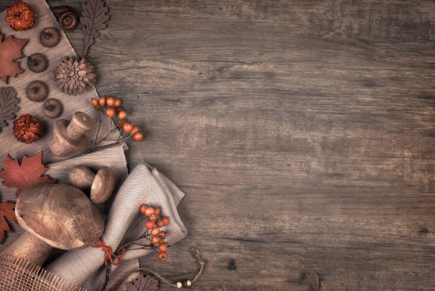 istock Autumn background with Fall dry decorations on wood, space 851529468