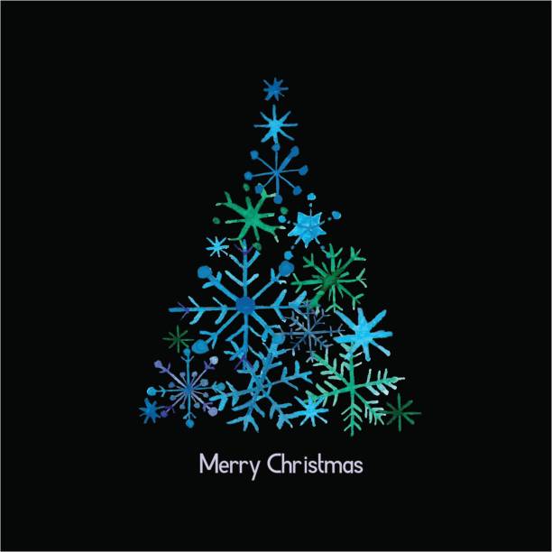 kartka świąteczno-noworoczna, akwarela choinka z płatkami śniegu - frozen cold spray illustration and painting stock illustrations