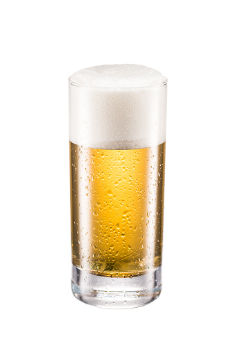 close up view of mug of cold beer isolated on white
