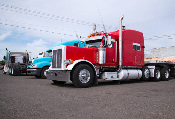 Big rig semi trucks stand in row on parking lot