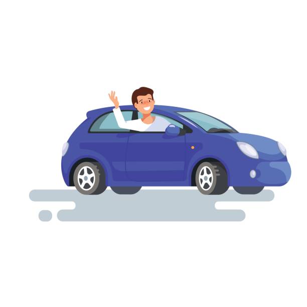 happy young man driver sitting rides in his blue car. Design concept of buy a new car Vector flat illustration of happy man driver waved his hand sitting in his blue car. Design concept of buy a new car road clipart stock illustrations