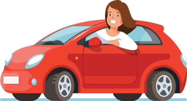 Vector flat illustration of a happy young woman driver sitting rides in his red car. Design concept of buy a new car Vector flat illustration of a happy young woman driver sitting rides in his red car. Design concept of buy a new car Driveway stock illustrations