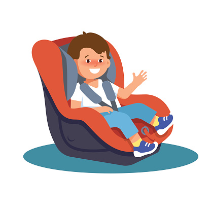 Vector illustration of happy smiling child sitting in a car seat on a white background.
