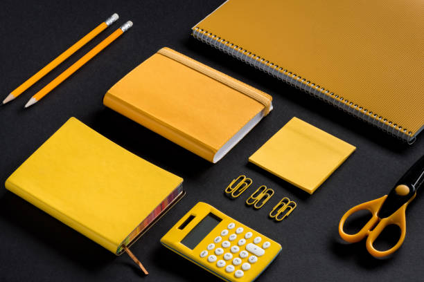 yellow school supplies isometric mockup composition of yellow school supplies electronic organizer photos stock pictures, royalty-free photos & images