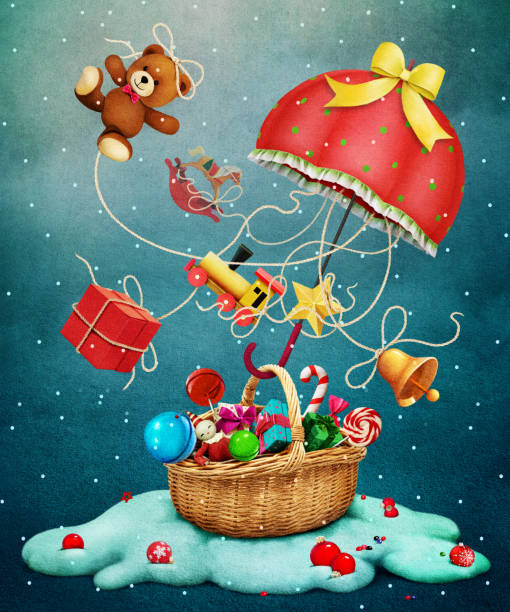 ilustraciones, imágenes clip art, dibujos animados e iconos de stock de sombrilla de navidad - cesta de navidad