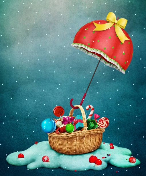 ilustraciones, imágenes clip art, dibujos animados e iconos de stock de sombrilla de navidad - cesta de navidad