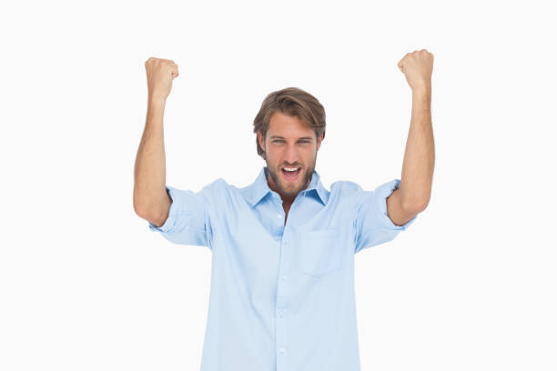 istock Happy man in shirt cheering 851561636