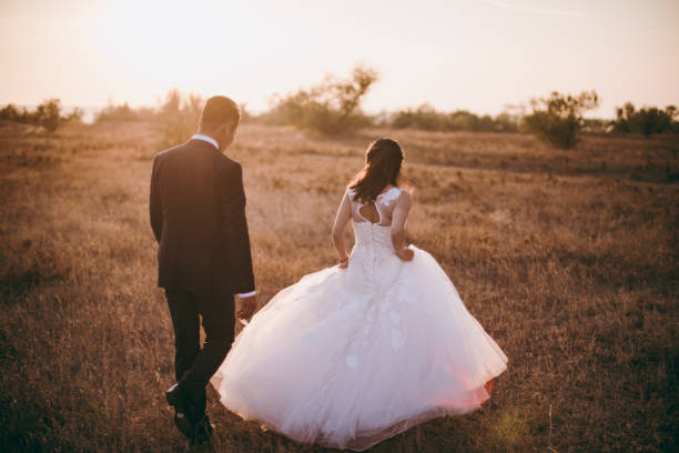 istock Wedding couple strolling in a valley with dry grass 851565508