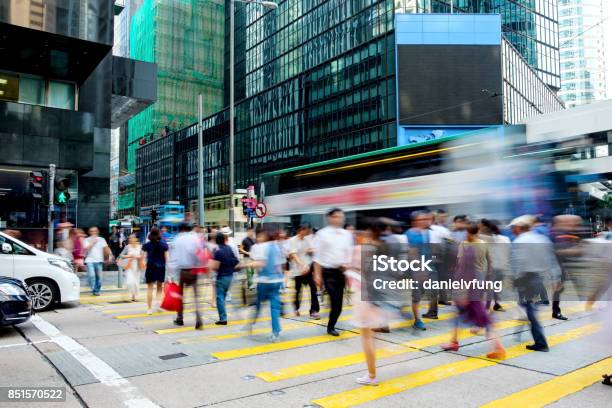 Busy Pedestrian Crossing At Hong Kong Stock Photo - Download Image Now - People, Hong Kong, Street