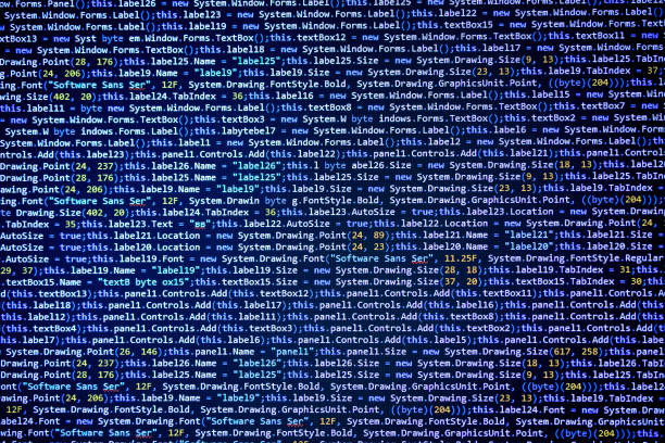 Software source code on black background Program source code on black background concept - photo of a computer monitor. extensible markup language photos stock pictures, royalty-free photos & images