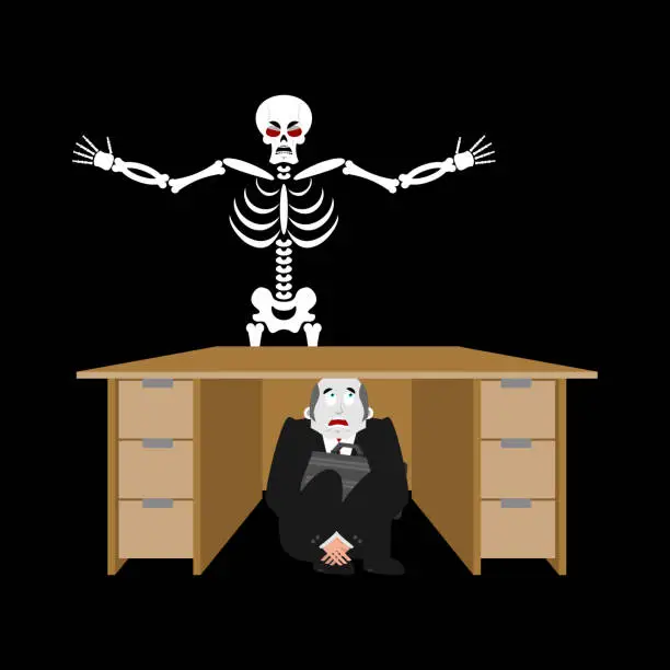 Vector illustration of Businessman scared under table of skeleton. frightened business man under work board. does not want to die. Boss fear office desk. To hide from death. Vector illustration