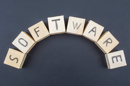 Wooden cubes on a blackboard background with Software written on hand.