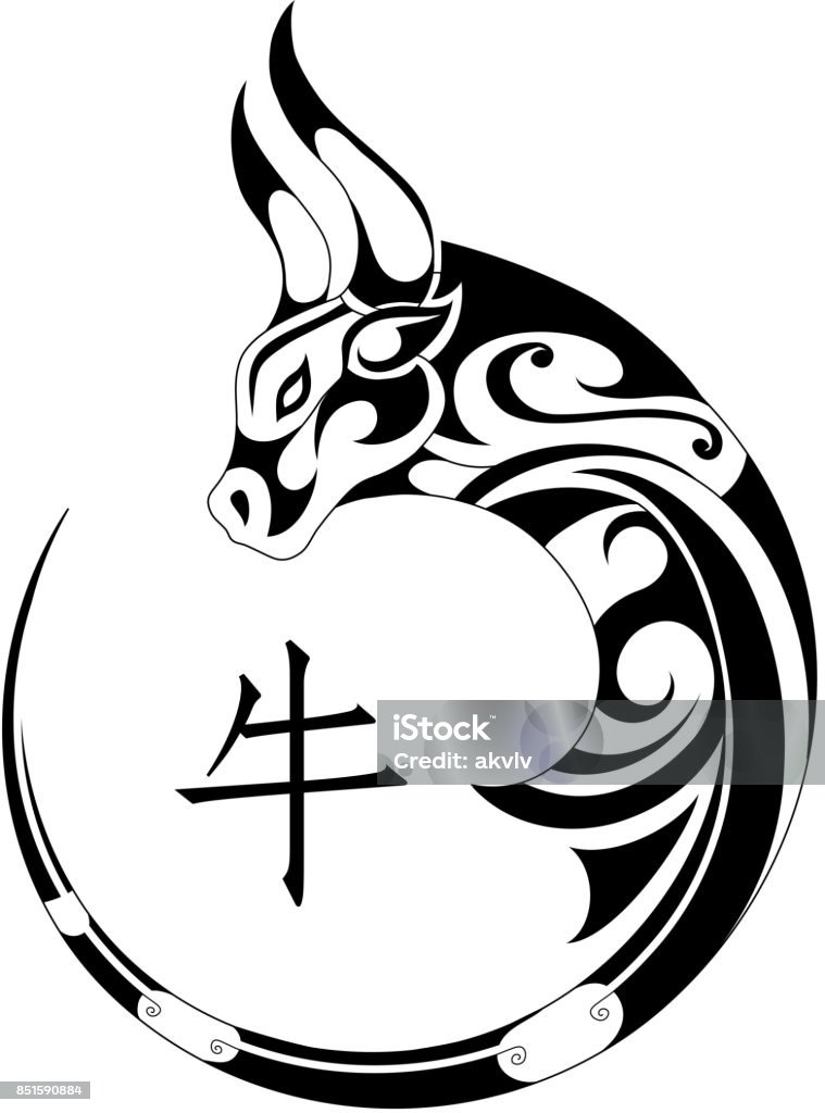 Ox tribal tattoo Ox tribal tattoo. Chinese zodiac symbol. Hieroglyph translation: Ox Abstract stock vector