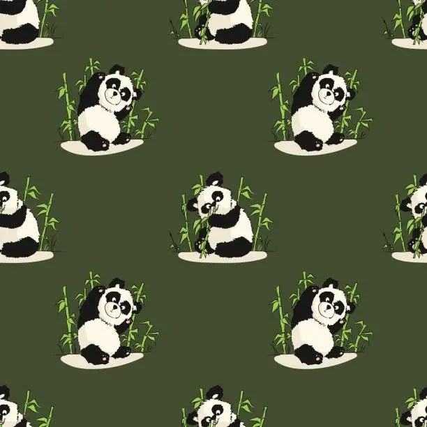 Vector illustration of Seamless pattern with playing pandas and bamboo. Hand draw vector illustration