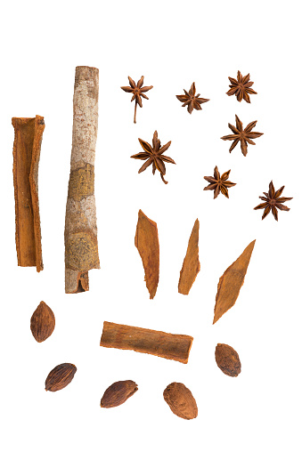 Cinnamon, nutmeg and star anise on white background