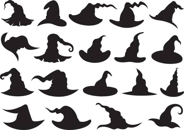 illustrazioni stock, clip art, cartoni animati e icone di tendenza di set di diversi cappelli da strega - witchs hat