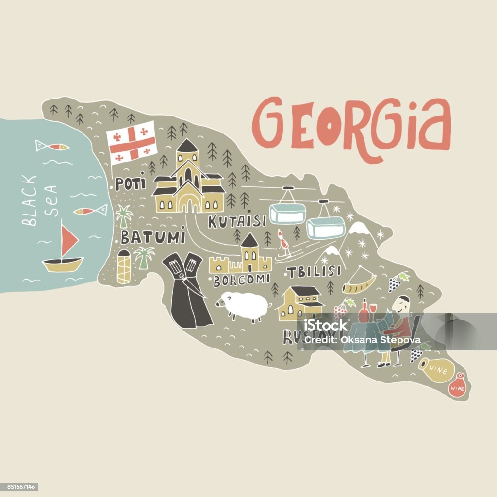 Unique Hand Drawn Cartoon Map Of Georgia Vector Illustration Stock