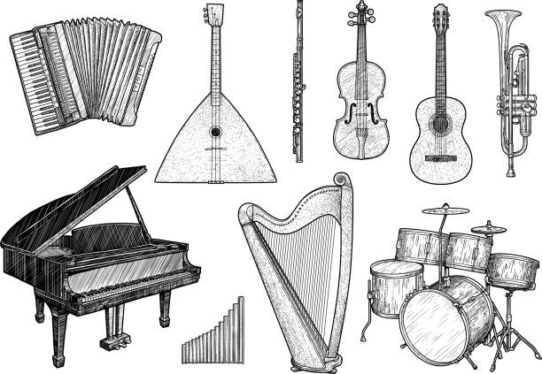 Collection of musical instruments illustration, drawing, engraving, ink, line art, vector Illustration, what made by ink, then it was digitalized. accordion instrument stock illustrations