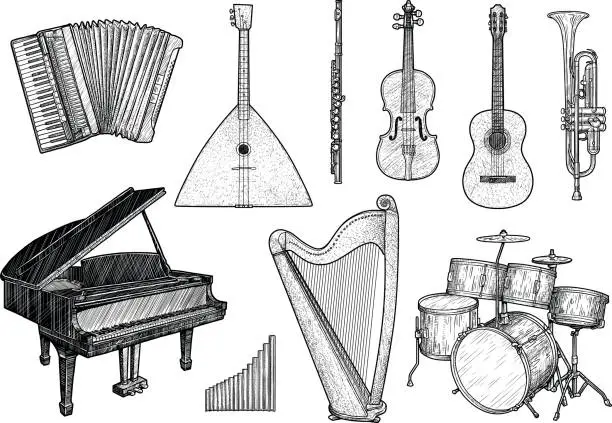 Vector illustration of Collection of musical instruments illustration, drawing, engraving, ink, line art, vector