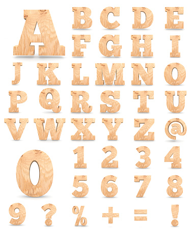 Set of 3D wooden English alphabet letters and Numbers from zero to nine isolated on white background