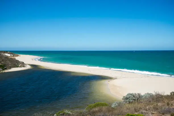 Photo of Moore river at Atlantic ocean entry and beach near Guilderton village, Western Australia