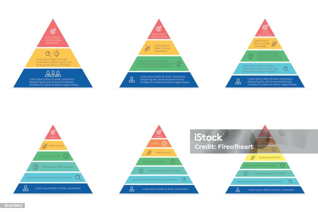 Business infographics. Triangle, pyramid with 3, 4, 5, 6, 7, 8 steps, levels. Vector templates. Pyramid stock vector