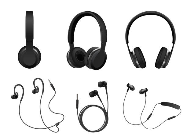 Vector realistic black headphone icon set Vector set of wireless and corded headphones, earphones. Realistic black headphones music accessories isolated on white background. bluetooth stock illustrations