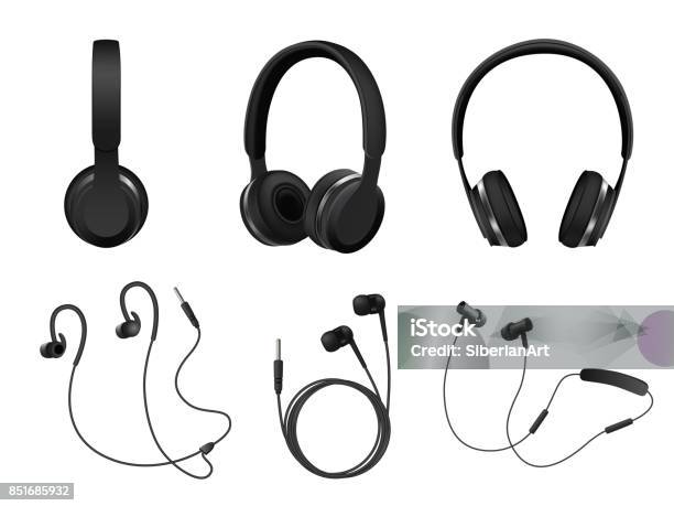 Vector Realistic Black Headphone Icon Set Stock Illustration - Download Image Now - Headphones, Vector, Bluetooth