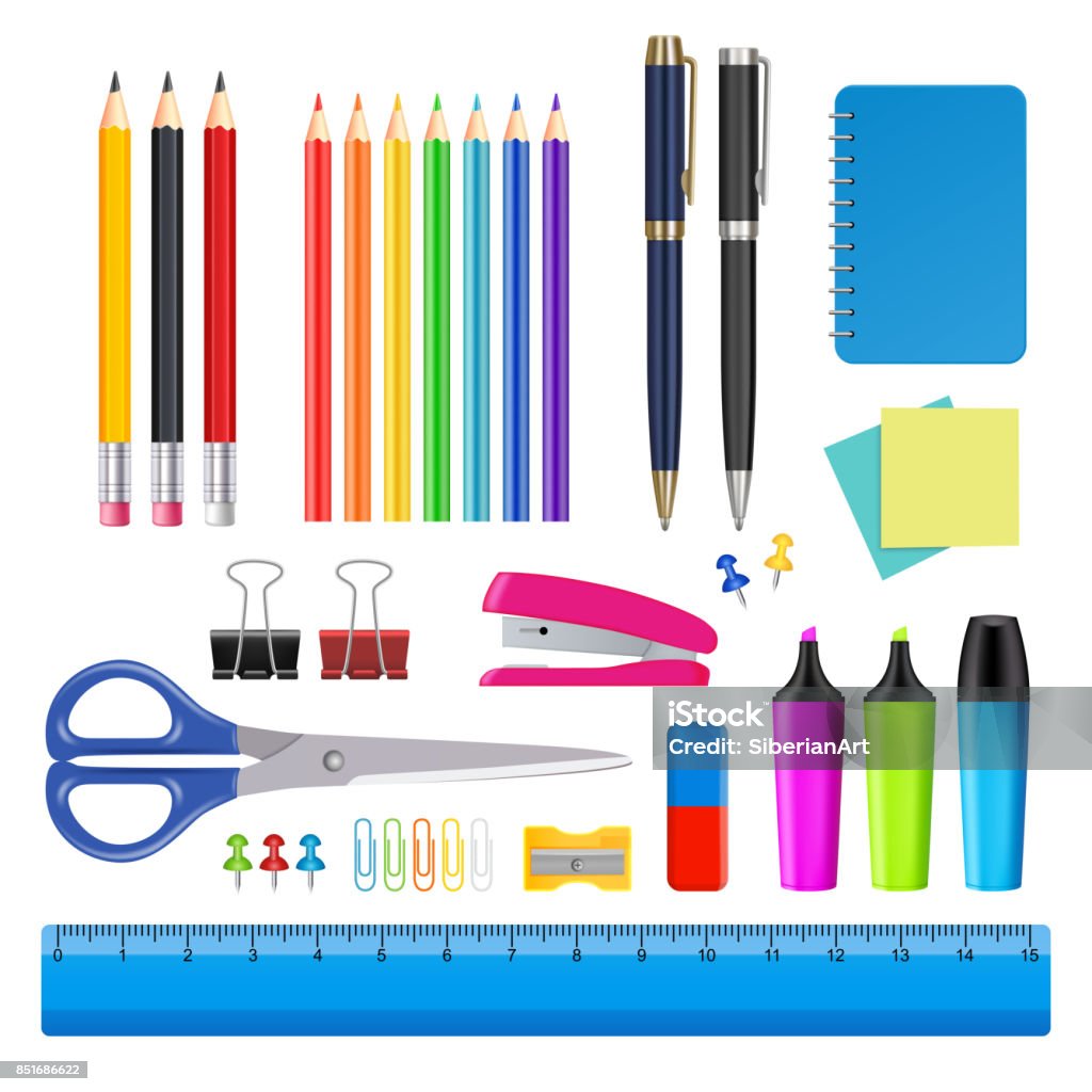 École de vecteur et fournitures de jeu d’icônes - clipart vectoriel de Fourniture de bureau libre de droits