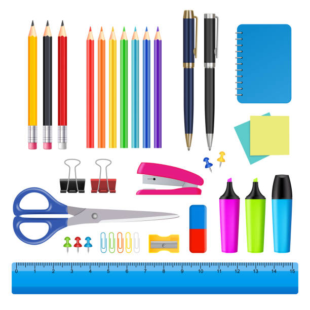 벡터 학교 및 사무 용품 아이콘 세트 - office supply pen pencil writing instrument stock illustrations