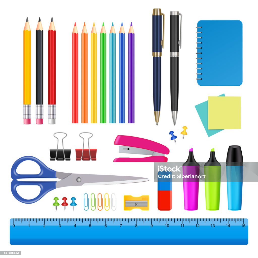 Vector school and office supplies icon set Vector realistic stationery icon set. School and office supplies. Office Supply stock vector