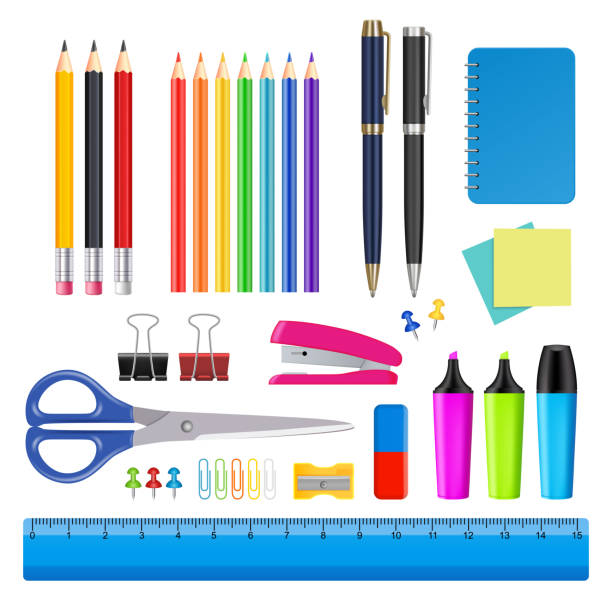Vector school and office supplies icon set Vector realistic stationery icon set. School and office supplies. school supplies stock illustrations