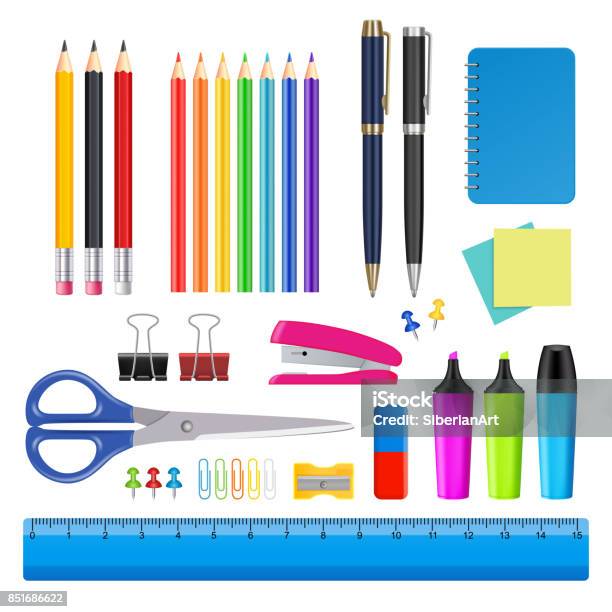 Vector School And Office Supplies Icon Set Stock Illustration - Download Image Now - Office Supply, Stationary, School Supplies