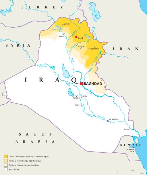 Iraqi Kurdistan Region political map Iraqi Kurdistan Region political map. Official, controlled and claimed territories in Iraq. Neighbor countries, capitals and important cities, rivers and lakes. English labeling. Illustration. Vector. iraqi kurdistan stock illustrations