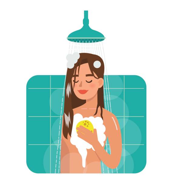 Woman taking shower Woman taking shower. Daily bath routine. Flat style vector illustration isolated on white background. woman hot shower stock illustrations